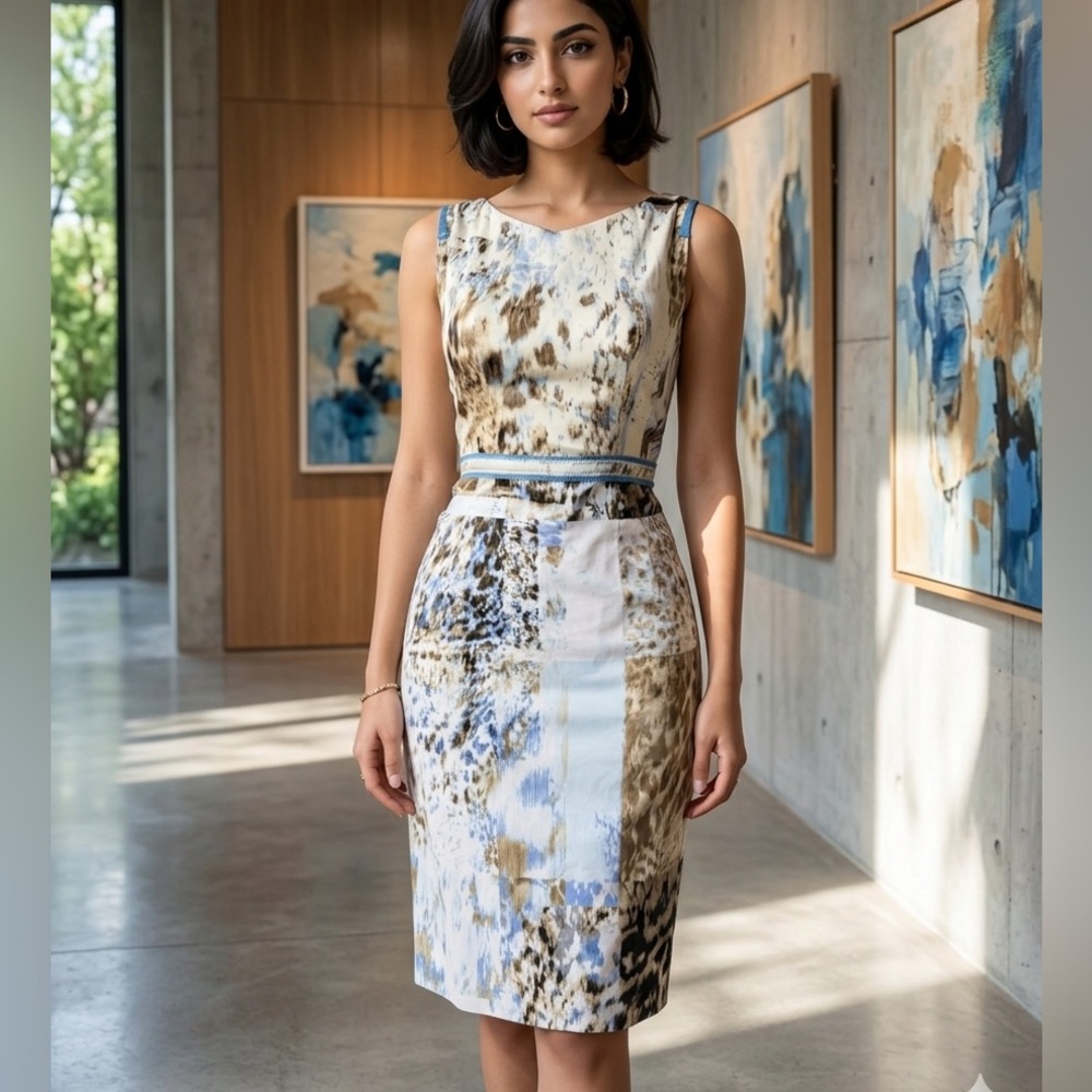 Elie Tahari Blue, White and Brown Abstract Printed Midi Sheath Dress